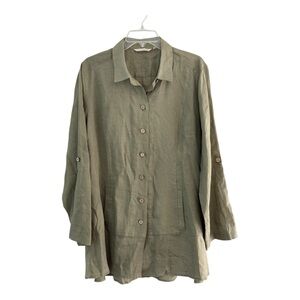 Soft Surroundings Island Breeze Olive Green Linen Button Up Shirt Top Jacket XL